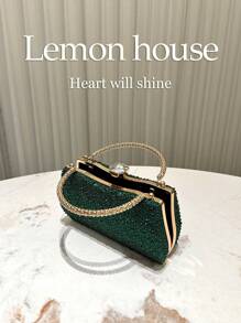 1 pieza Cartera de embrague con purpurina de lujo verde esmeralda decorada con rhinestones, bolso de mano elegante y formal para fiestas de noche, bodas, bailes de graduación, festivales de San Valentín - Verde Oscuro - Ver 7