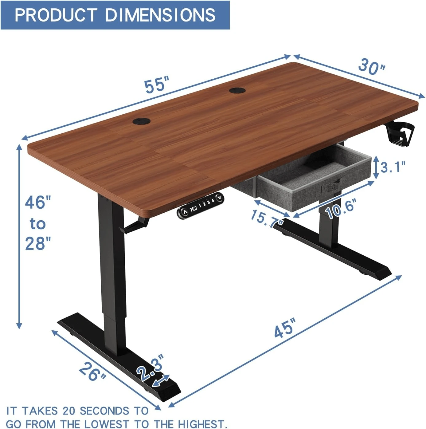 Electric Standing Desk With Drawer, 55x30 Inches Adjustable Height Sit
