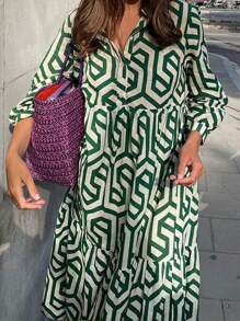 Autumn Women's Clothing, Women's Autumn Dresses, Long Sleeve Lapel Geometric Pattern Shirt-Style Open Collar Dress, Suitable For Commuting, Daily Wear, Outdoor, Women's Teacher Dress, Back To School, Soft Woven Fabric - Green - View 6
