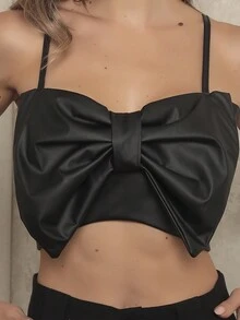 Cropped Top Bow Fake Leather Women's Fashion - 黑色 - 查看 5