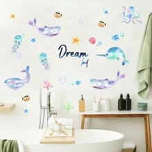 1pc Fish Print Wall Sticker, Cartoon Coral And Fish Print Wall Sticker, Undersea Blue Ocean Wall Sticker, Cartoon Removable Underwater Sea Wall Sticker, Whale Devil Ray Manta Ray Fish Wall Sticker, Suitable For Home Decor, Nursery Bedroom Living Room, Playroom, Watercolor Marine Life Decor, Stickers, Wall Decal, Vinyl Decal For Home Decorations, Spring Decoration Items Refresh Your Home, Rama Decoration Stickers Gifts Birthday Graduation - Multicolor - View 11