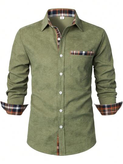 Men's Corduroy Color Block Plaid Long Sleeve Casual Business Shirt