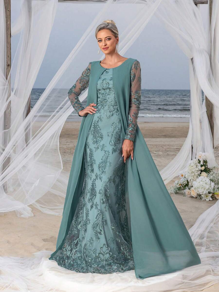 Mosy Long Sleeve Lace Connect Chiffon Mother Of The Bride Party Dress