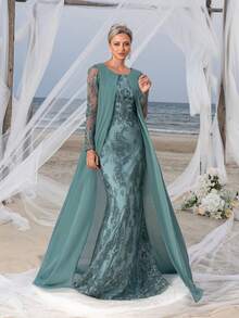 Mosy Long Sleeve Lace Connect Chiffon Mother Of The Bride Party Dress - Dark Green - View 6