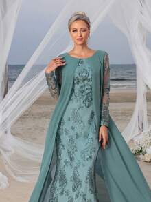 Mosy Long Sleeve Lace Connect Chiffon Mother Of The Bride Party Dress - Dark Green - View 8