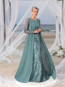 Mosy Long Sleeve Lace Connect Chiffon Mother Of The Bride Party Dress - Dark Green - View 9