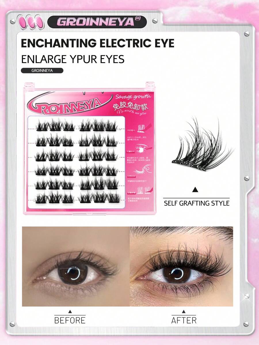 GROINNEYA 6 Rows Self Adhesive Eyelashes No Glue No Remover Needed DIY