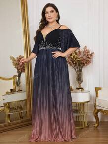 Plus Size Gradient Sequin Embellished Open Shoulder Cami Dress Elegant Prom Semi Formal Wedding Guest Dress, For Birthday, Graduation, Homecoming