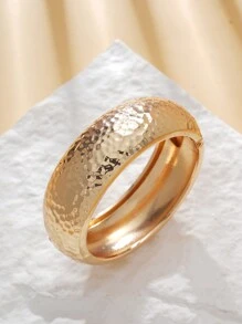 1 Pair Gold Smooth & Snake Skin Textured Overlapping Visual Effect Metal Bangle Bracelets - Wide Round Bracelet Set - View 4