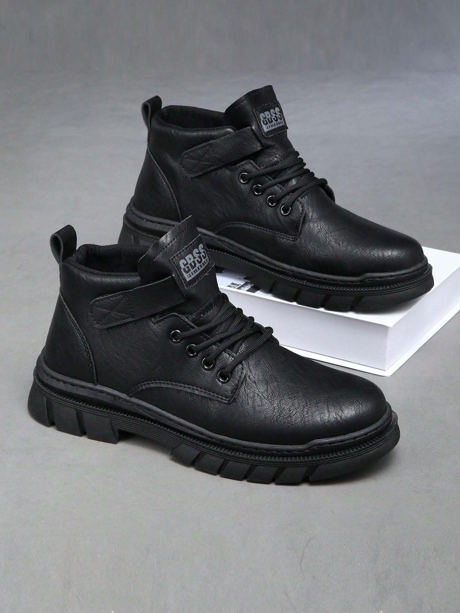 Men LaceUp Thick Sole Casual Boots, Leather Surface Sneaker Shoes For