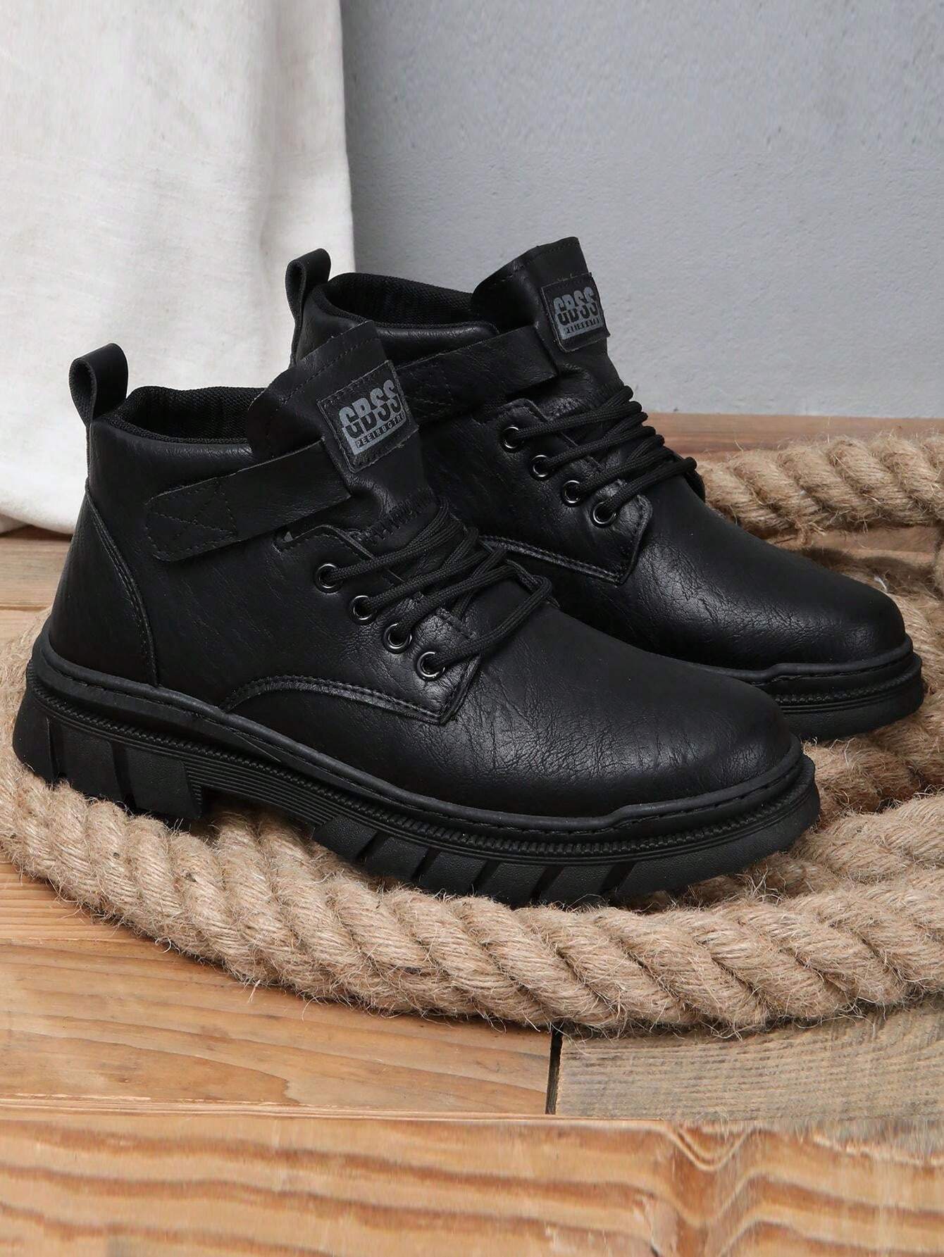 Men LaceUp Thick Sole Casual Boots, Leather Surface Sneaker Shoes For