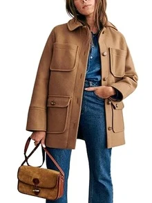 Plus Size Women Solid Color Long Sleeve Pocket Button Collar Vintage Overcoat, Autumn/Winter - Apricot - View 4