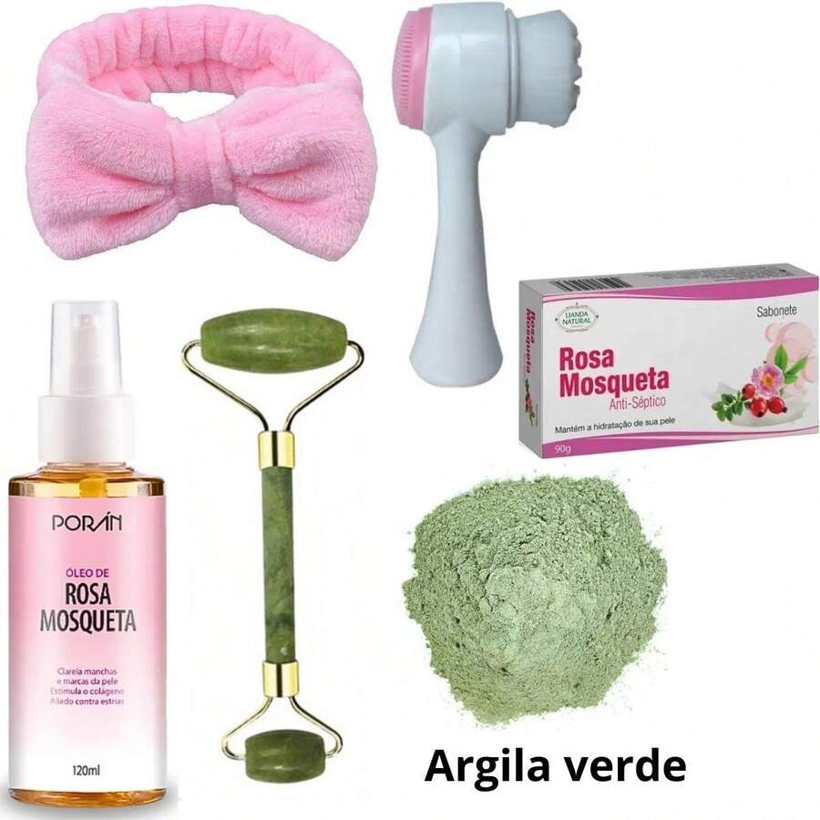 KIT WITH 6 PIECES PORAN ROSEHIP OIL, LIANDA ROSEHIP SOAP, BAND, DERMAROLER AND 2 IN 1 MASSAGE BRUSH - ĐẤT SÉT XANH - Xem 1