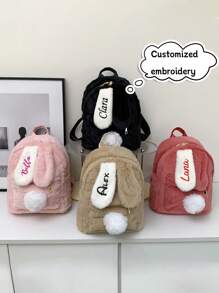 刺绣定制专属你的名字，新款时尚个性双色兔耳羊羔毛包，女士日系可爱少女旅行背包