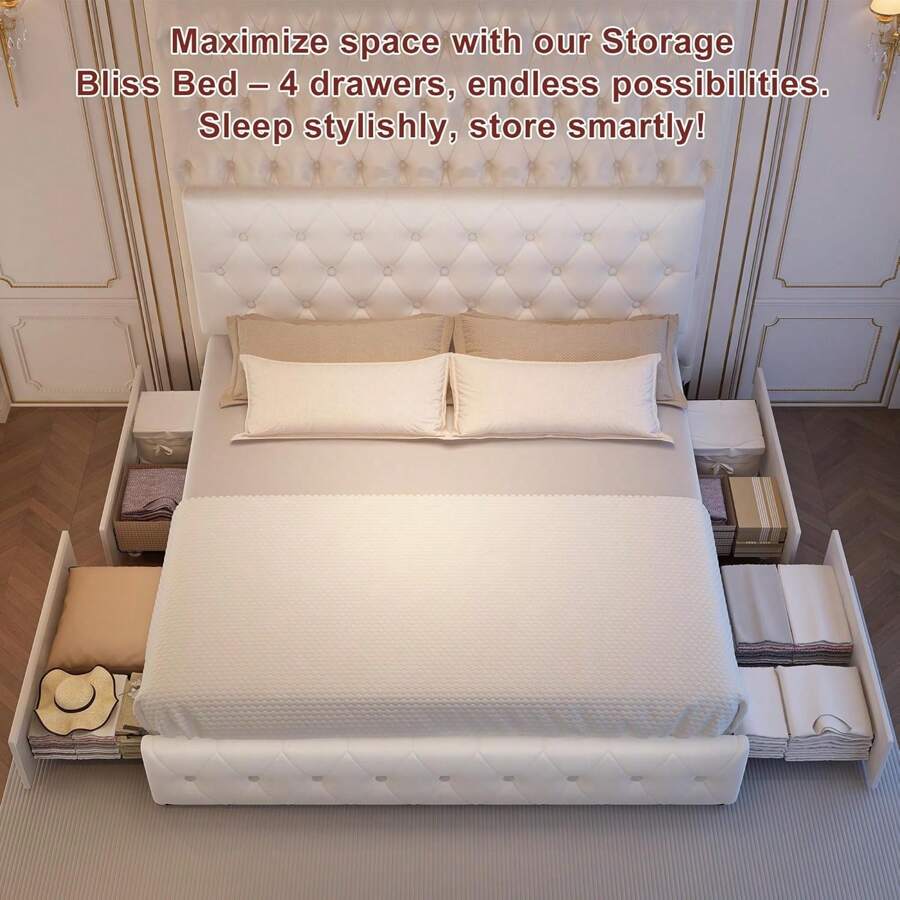 Queen Bed Frame With 4 Drawers, Adjustable Upholstered Headboard
