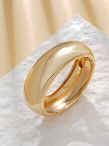 1 Pair Gold Smooth & Snake Skin Textured Overlapping Visual Effect Metal Bangle Bracelets - Wide Round Bracelet Set - View 5