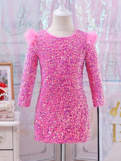 Girls' Fashion Elegant Round Neck Plush Shoulder Dress, Girls' Mesh Polka Dot Sequin Long Sleeve Solid Color Dress, Outdoor Party Gathering Autumn Dress, Children Comfortable Soft Active Casual Outfit