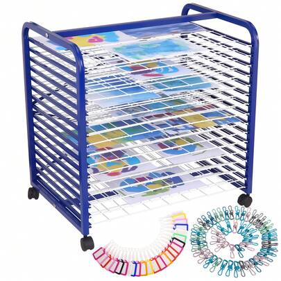 Art Drying Rack, 16/25 Removable Shelves Mobile Paint Drying Rack With Lockable Castors, Canvas Rack Art Storage Ideal For Schools And Art Studios Blue