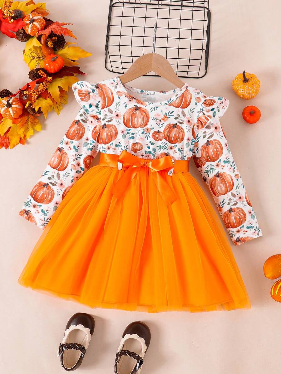 Young Girl Pumpkin Print Ruffle Hem Mesh Splice Long Sleeve Dress With Belt - Orange - View 1