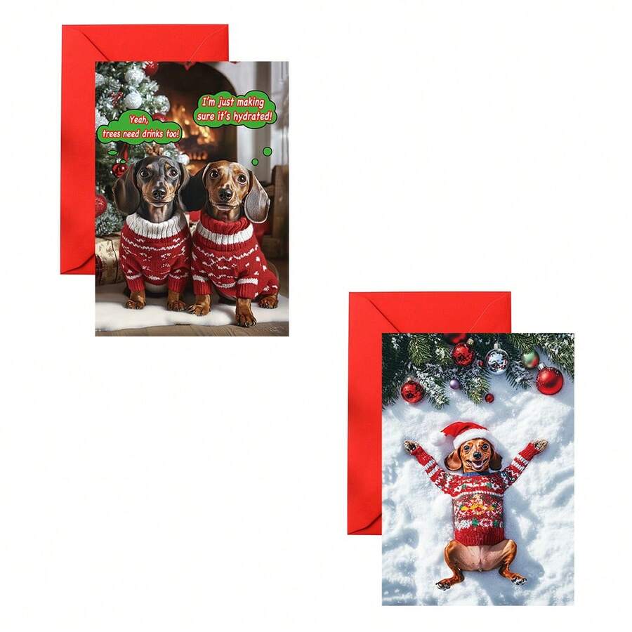 1pc/2pcs Adorable Dachshund Dog Christmas Themed Cards, Birthday Cards, Greeting Cards, Perfect As Christmas/Birthday Gift, Gifts For Dog Lovers, Personalized Christmas Gifts, Suitable For Family, Friends, Brothers, Sisters