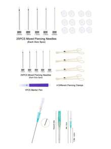 Kit de piercing cu 9 bucăți, ace, cleme, forceps și mănuși asortate - ideal pentru urechi, nas, buric, limbă, mamelon, sprâncene și buze 14G/16G/18G/20G