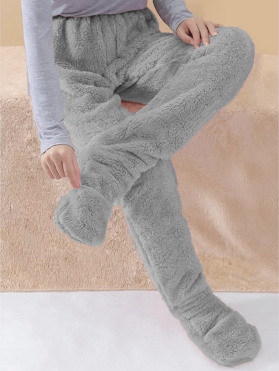 1pc Unisex Plain Color Fleece Thick High Waist Warm Footed Pants, For Women As Sleepwear Bottoms In Autumn/Winter, For Fall Winter, Fluffy