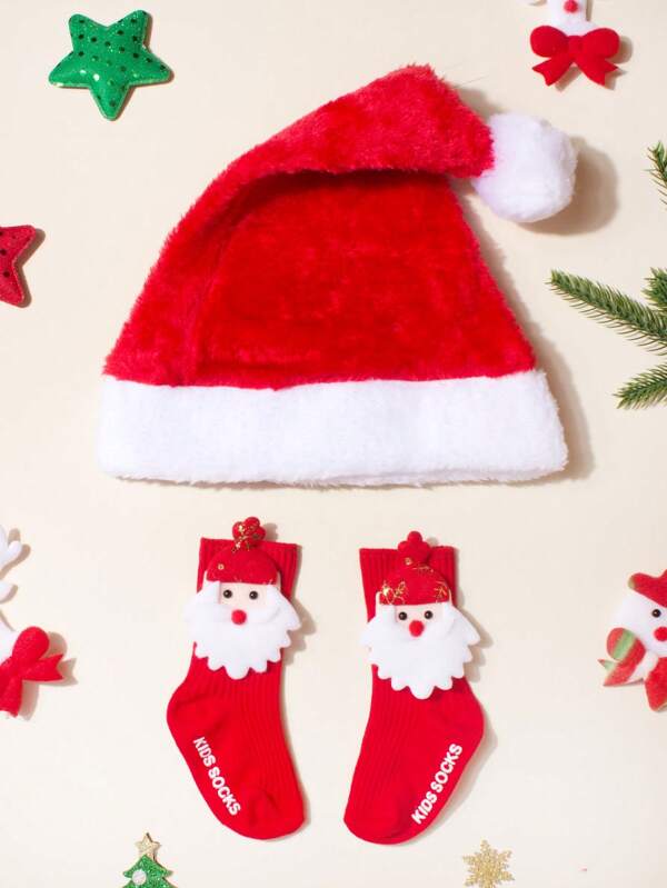 Chapéu de Natal para crianças + conjunto de meias de Natal para bebês, decoração de Natal, presente de Natal, meninos e meninas, universal, vestido de outono para meninas, acessórios vermelhos, adereços para fotografia de Natal para crianças, meias de Papai Noel, chapéu de Papai Noel