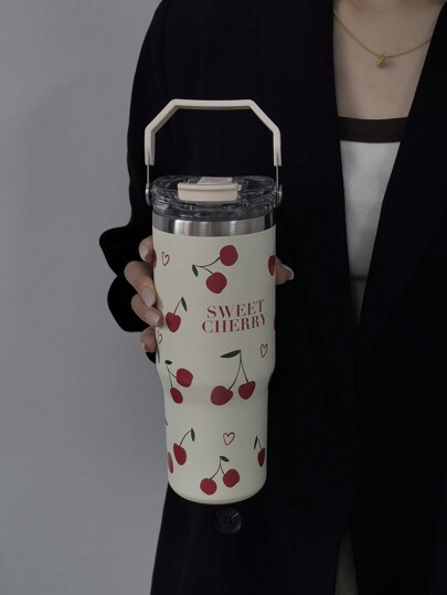 1pc 900ml/30.44oz Cherry Heart Series Vacuum Insulated Tumbler, Thermal Bottle, Large Capacity Travel Mug With Handle And Straw, Dual Drink Openings, Gym And Outdoors Bottle, School Supplies, Holiday Gift Water Bottle For Outdoor For Sport