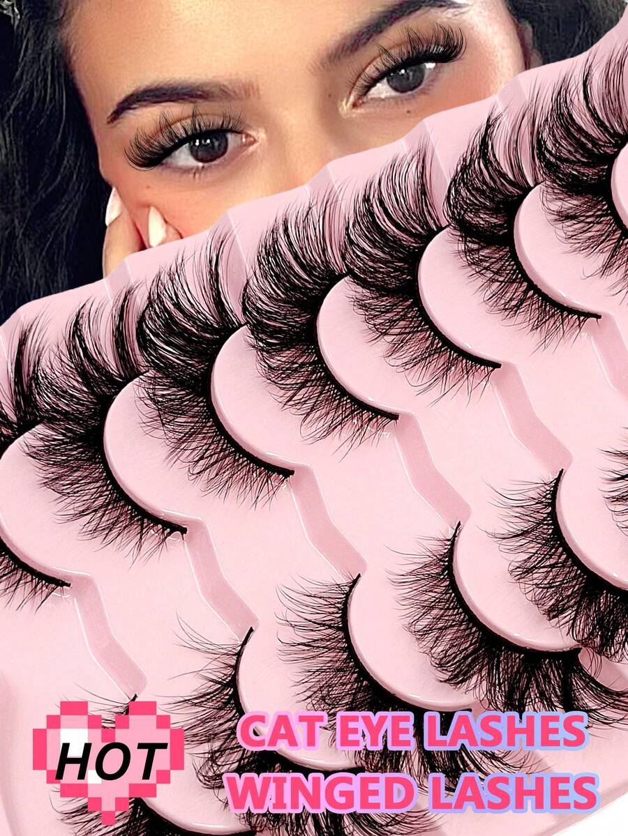 Asiteo 7 Pairs Fox Eye & Cat Eye False Eyelashes, Flared Ends Elongate Eyes, Fluffy Soft Natural Long Faux Mink Lashes - 眼尾拉長款 - 查看 1
