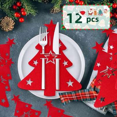 12 件/套圣诞毛毡餐具套装，包括餐具袋、圣诞树叉、勺子、餐垫、杯垫、餐具袋。适用于家庭和餐厅。