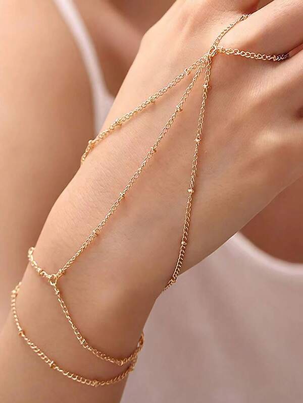 Multi-Layered Pearl And Tassel Connected Finger Ring, Suitable For Daily Wear