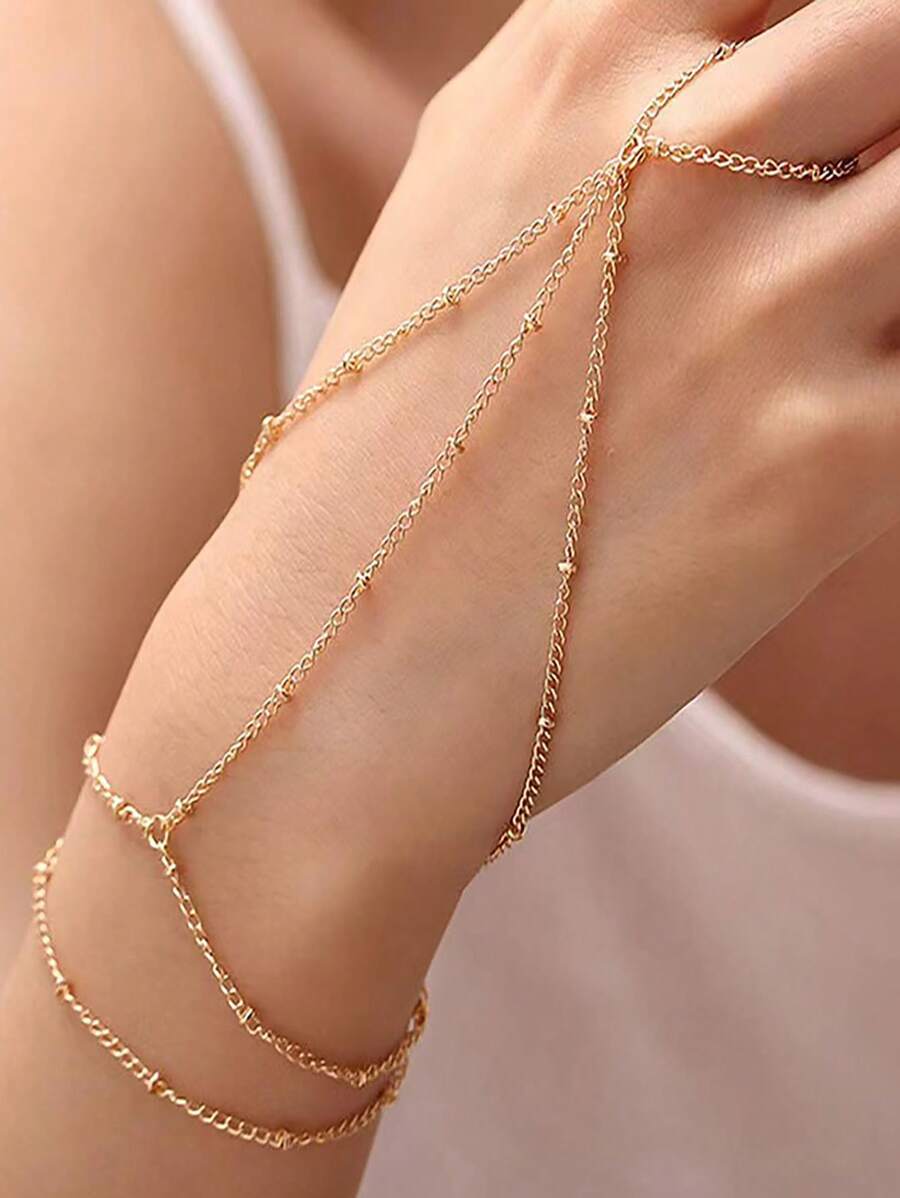 Multi-Layered Pearl And Tassel Connected Finger Ring, Suitable For Daily Wear - Gold - View 1