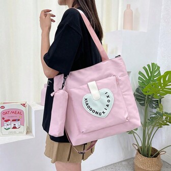 粉色帆布包女新款学生单肩包大容量手提包斜跨包作业补习包托特包轻便辅导包简约休闲带笔袋高档通勤