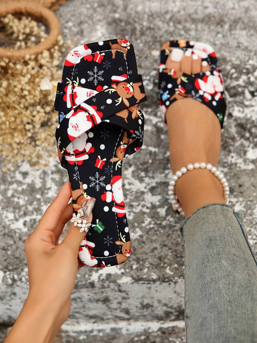 Women's Christmas Criss-Cross Fashion Slippers - Comfortable Flat Sandals, Suitable For Fashionable Beach Outfits And Casual Outings