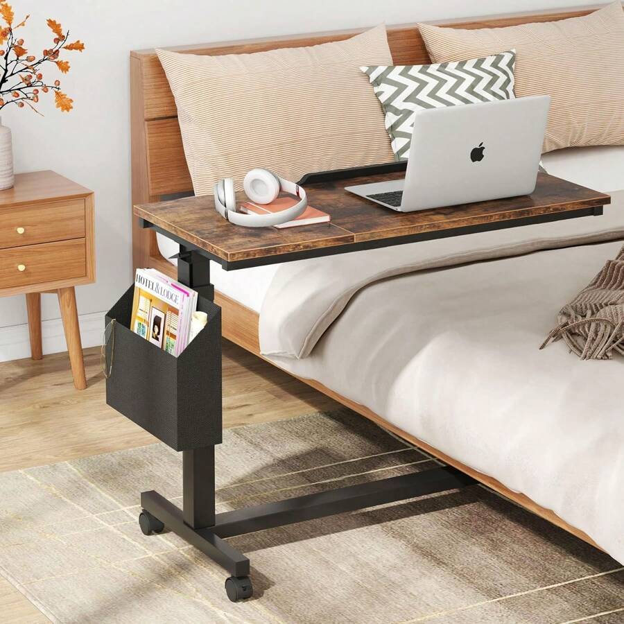 Height Adjustable C Shaped End Table With Wheels And Side Pocket