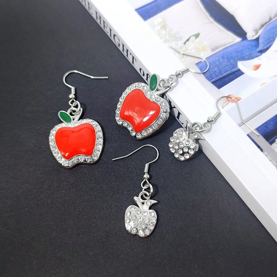 Hoa tai kim loại hình quả lựu đính đá Rhinestone Drips mới, Phụ kiện trang sức thanh lịch, tuyệt vời cho Giáng sinh - Bông tai đính đá táo - Xem 1