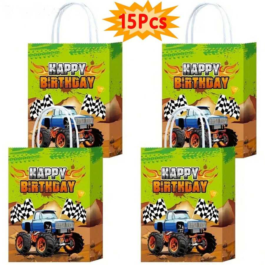 15Pcs Monster & Racing Theme Gift Bags Durable Paper Party Gift Bags