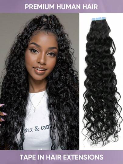 20pcs Tape In Hair Extensions Human Hair Water Wave Nature Black Color 1b 12-22 Inch Seamless Double Sided Tape Ins Hair Extension Invisible Tape In Hair Extensions