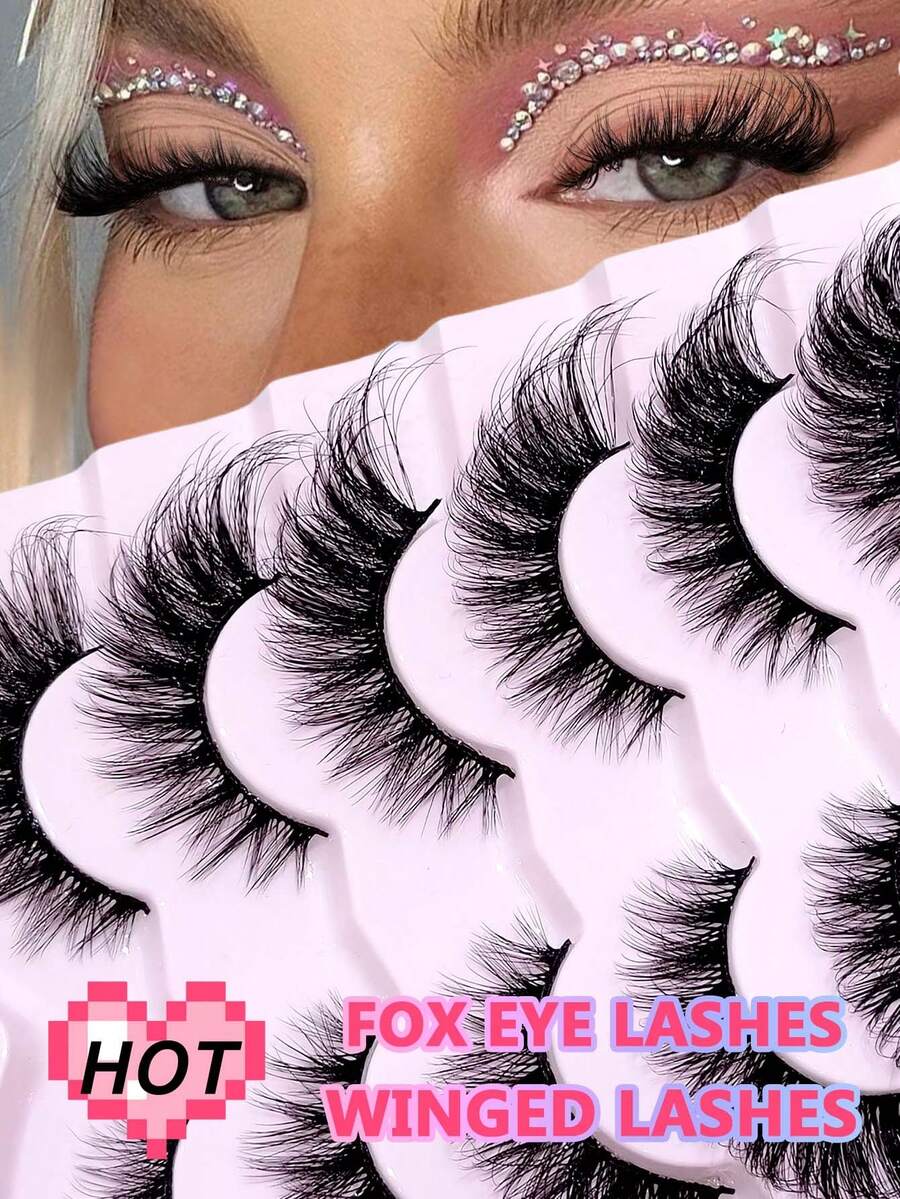 7 Pairs Asiteo New Fluffy Soft Fox Eye Lashes, Cat Eye Shape, Flared Ends, Natural & Lengthening, Faux Mink Eyelashes, Suitable For Vacation Wear - 眼尾拉長款 - 查看 1