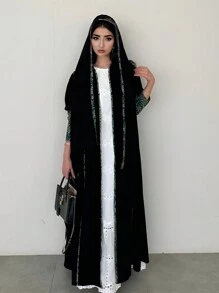 1pc Phụ nữ nối dài tay áo Abayas với khăn trùm đầu Hijab, màu đen, phong cách thời trang - màu đen - Xem 3