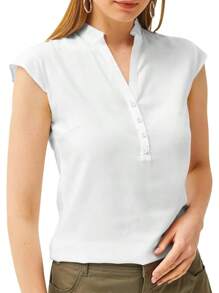 Womens Tops Summer Cap Sleeve V Neck Shirts Business Casual Solid Color Basic 2024 Blouses Tops - trắng - Xem 3