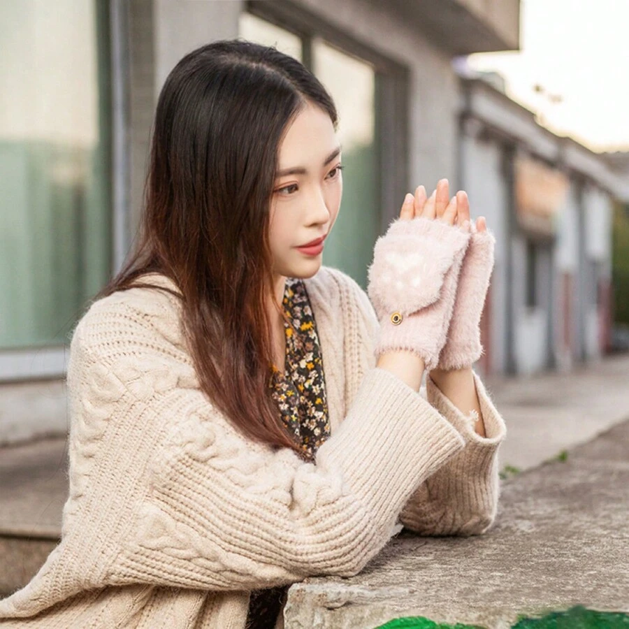 2 件装可爱猫爪和熊爪设计针织无指可转换手套，保暖内衬加厚 - 粉色 - 查看 1