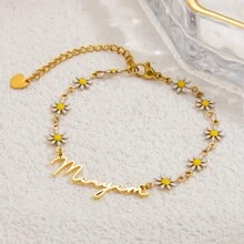 1 pièce Bracelet en acier inoxydable plaqué or 18 carats avec petite chaîne de marguerites personnalisée avec un nom, mode et polyvalent pour un usage quotidien pour femme
