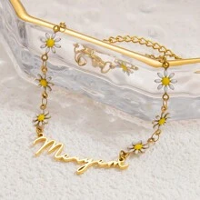 1 pièce Bracelet en acier inoxydable plaqué or 18 carats avec petite chaîne de marguerites personnalisée avec un nom, mode et polyvalent pour un usage quotidien pour femme
