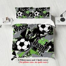 Juego de edredón de 3 piezas con estampado de elementos deportivos de fútbol, suave, cómodo, cálido, antiperfilado, lavable a máquina, estilo para las cuatro estaciones, sin relleno, 1 edredón + 2 fundas de almohada