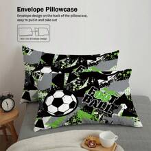 Juego de edredón de 3 piezas con estampado de elementos deportivos de fútbol, suave, cómodo, cálido, antiperfilado, lavable a máquina, estilo para las cuatro estaciones, sin relleno, 1 edredón + 2 fundas de almohada