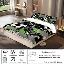 Juego de edredón de 3 piezas con estampado de elementos deportivos de fútbol, suave, cómodo, cálido, antiperfilado, lavable a máquina, estilo para las cuatro estaciones, sin relleno, 1 edredón + 2 fundas de almohada