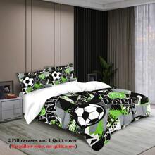 Juego de edredón de 3 piezas con estampado de elementos deportivos de fútbol, suave, cómodo, cálido, antiperfilado, lavable a máquina, estilo para las cuatro estaciones, sin relleno, 1 edredón + 2 fundas de almohada