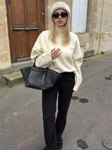 Autumn And Winter New High-Neck Solid Color Drop Shoulder Long-Sleeved Knit Sweater Ms. Loose Loose Versatile Warm Fashion Elegant Commuter Wind Pullover Sweater