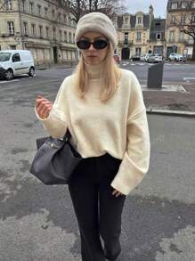 Autumn And Winter New High-Neck Solid Color Drop Shoulder Long-Sleeved Knit Sweater Ms. Loose Loose Versatile Warm Fashion Elegant Commuter Wind Pullover Sweater